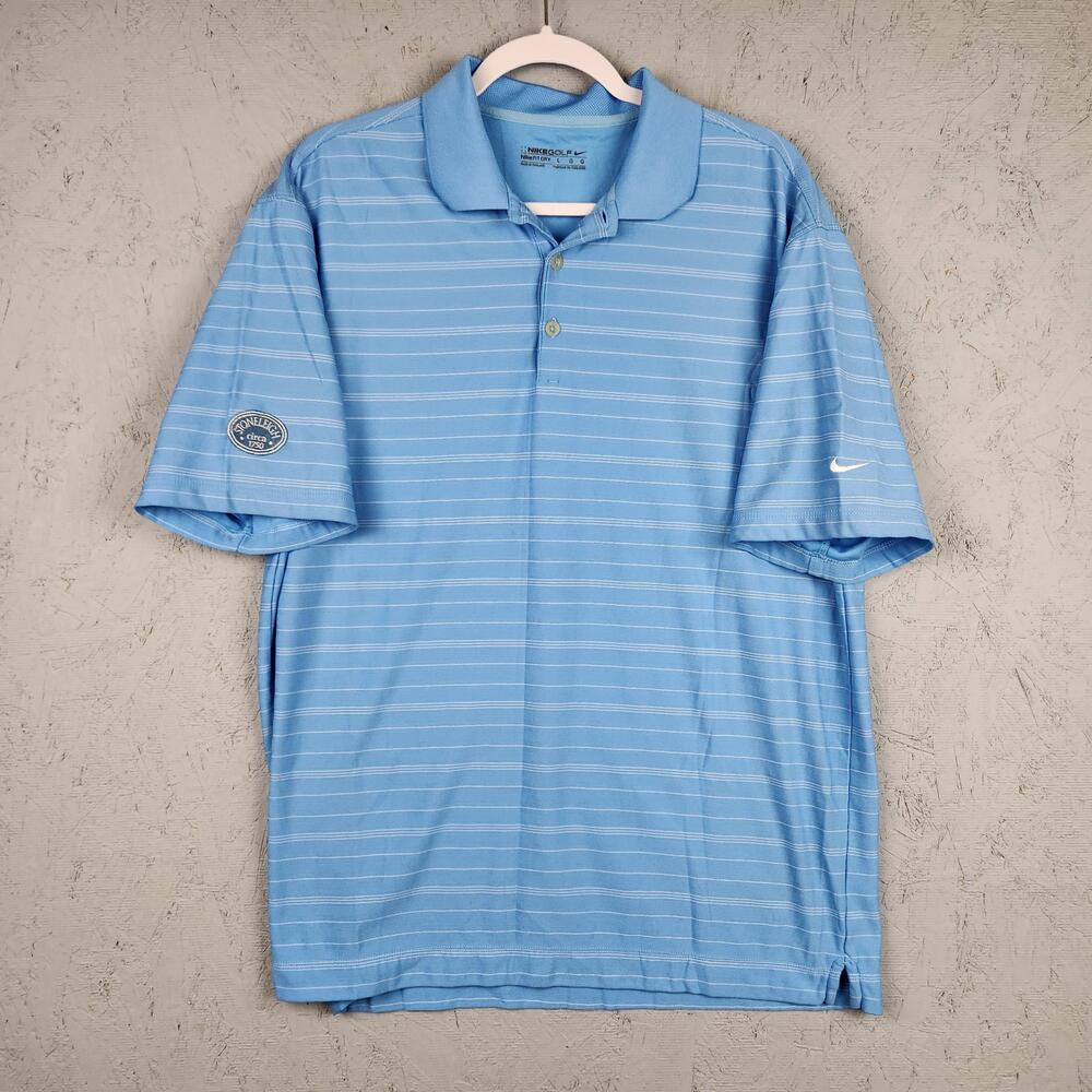 Nike Golf Polo Shirt Mens Large Light Blue Striped Stoneleigh Golf Club Logo